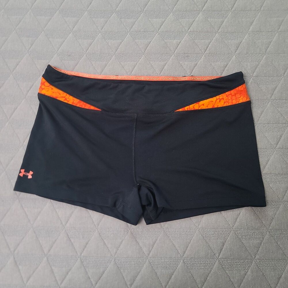 Under Armour Women’s XL Shorts Black Orange Fire Fitted Heat Gear Athletic Gym